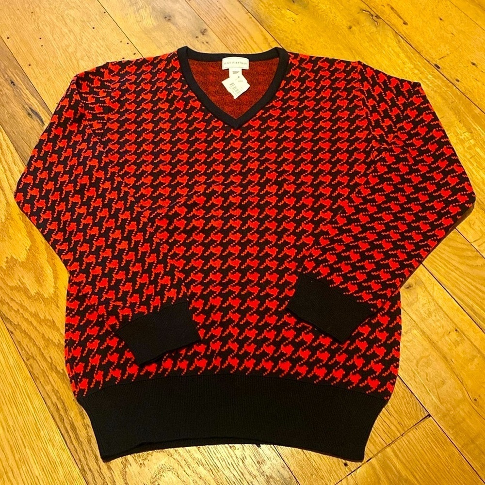 Maus & Hoffman V Neck Large Houndstooth Pima Cotton L/S Sweater Black Red Sz L
